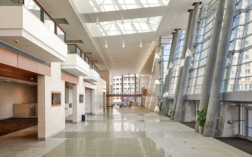 The empty main lobby of the Atlantic Union Bank Convention Center in the daytime.