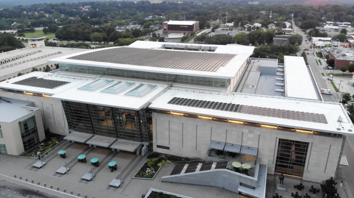 Bird's eye view of Atlantic Union Bank Convention Center showing rooftop solar panels.