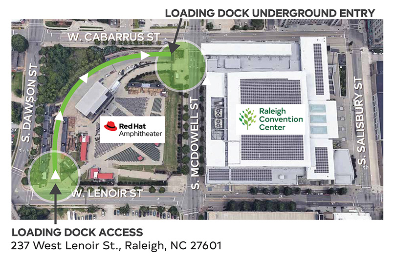 Map showing loading dock underground entry and access point. Address: 237 W Lenoir St., Raleigh, NC 27601
