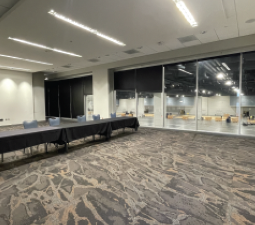 Room 206 with window curtains open with Exhibit Hall view.