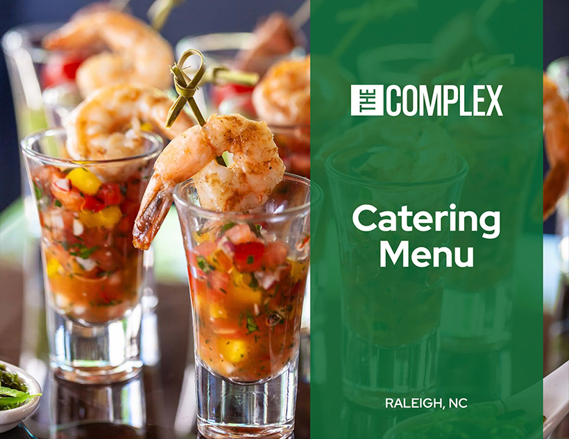 Image of shrimp cocktails with green graphic overlayed that says Catering Menu. 