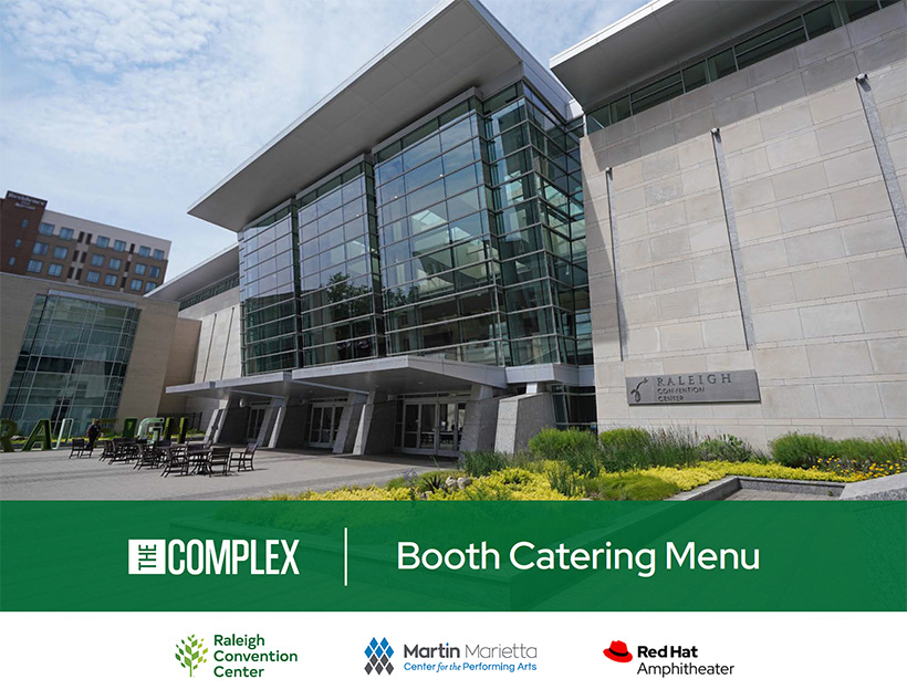 Front entrance of the convention center with Booth Catering Menu written below it.